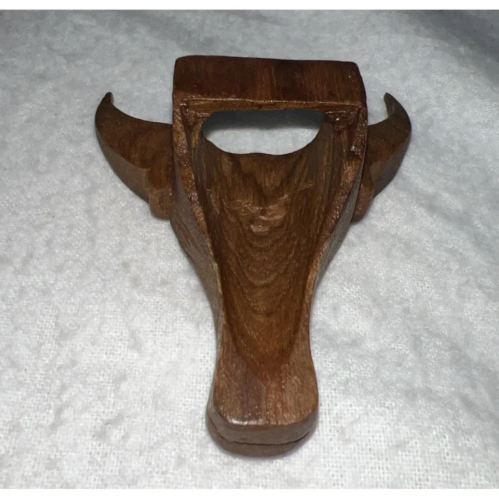 Vintage Hand Carved Wood Bull Steer Head Napkin Rings Western Set of 9 Brown